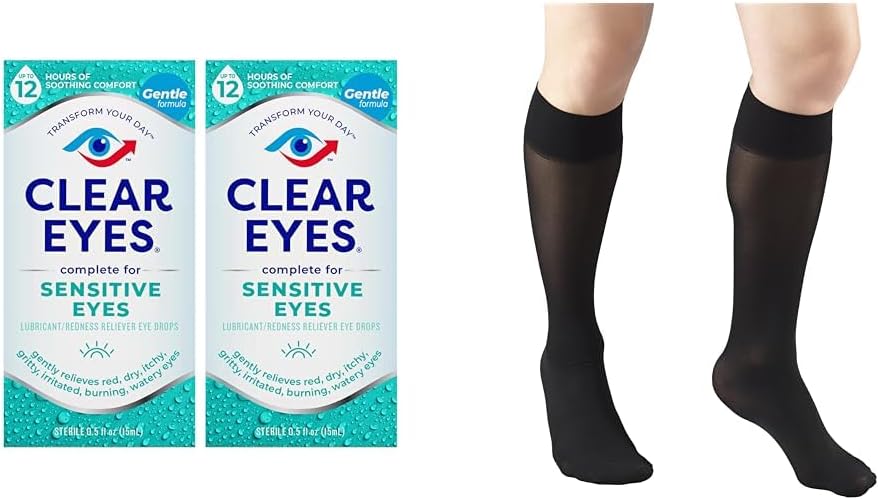 Clear Eyes Sensitive Eye Drops 2 Pack & Truform Sheer Compression 스타킹 여성 무릎 높은 20 Denier Black Medium