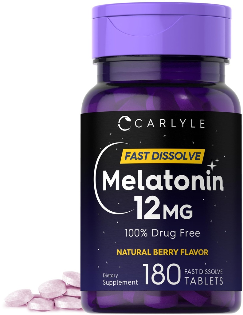 Carlyle Melatonin 12 mg 빠른 용해 180 정제 | 약물 무료 | 천연 베리 맛 | 채식주의, 비 GMO, 글루텐 무료