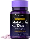 Carlyle Melatonin 12 mg 빠른 용해 180 정제 | 약물 무료 | 천연 베리 맛 | 채식주의, 비 GMO, 글루텐 무료
