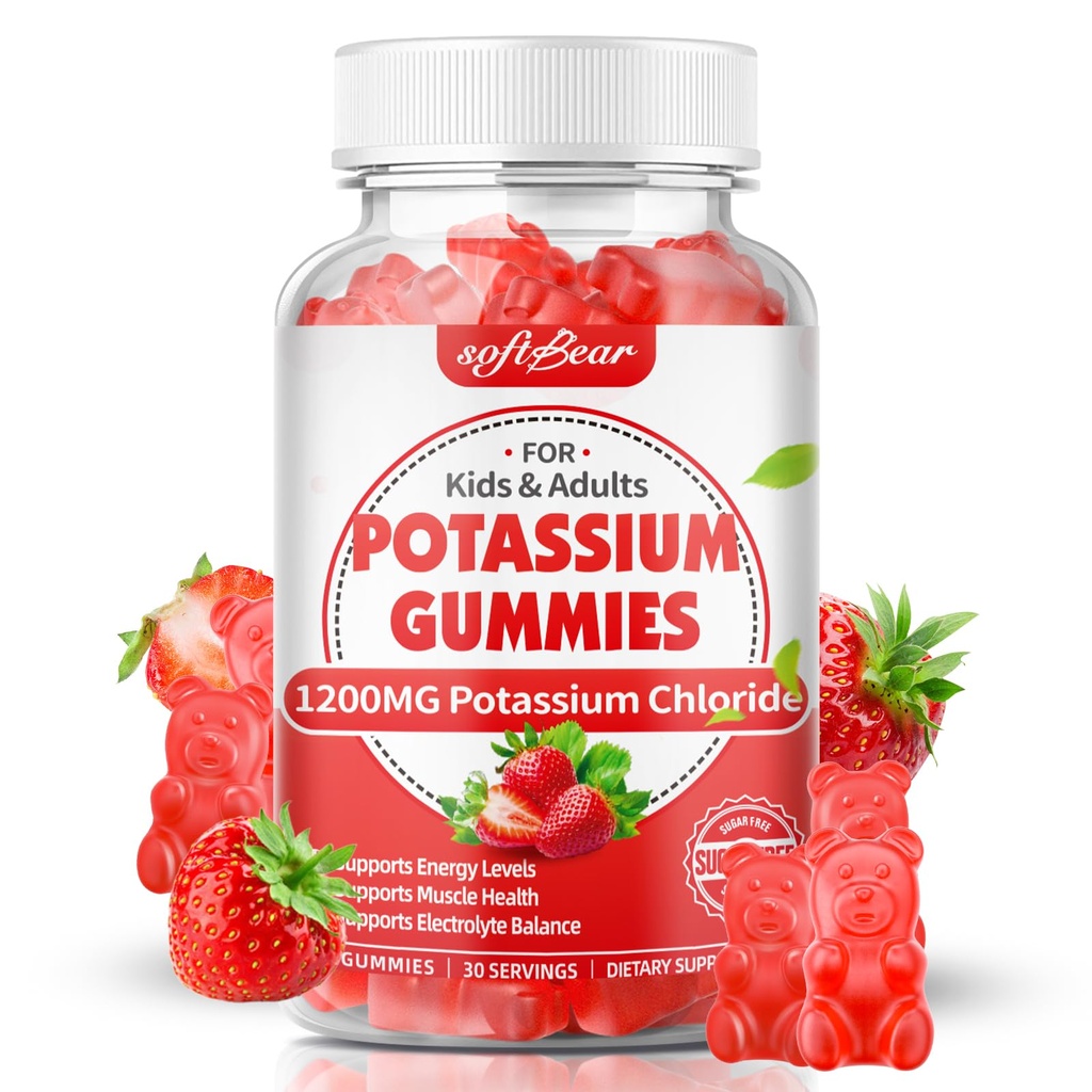 성인을 위한 softbear 칼륨 Gummies, 설탕 자유로운 칼륨 염화물 Gummies 1200mg 지원 다리 크림 & Electrolyte 균형 높은 Potency 칼륨 보충교재, 딸기 풍미 60 조사