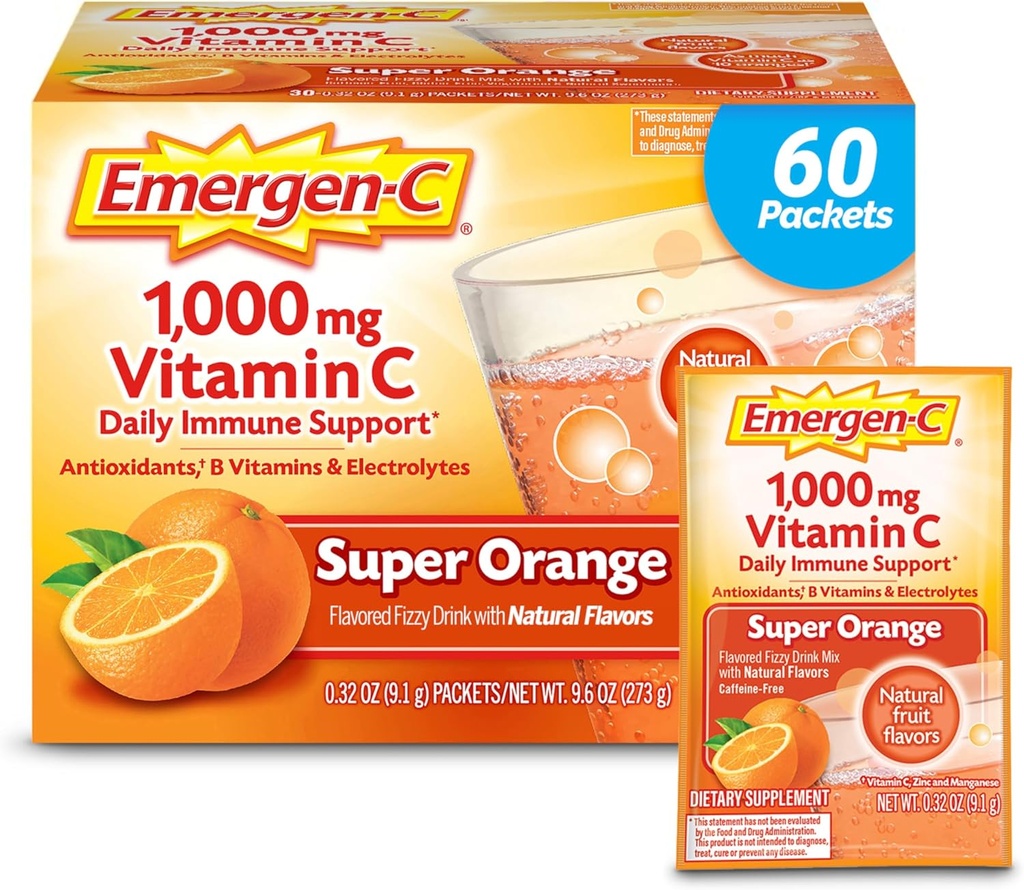 매일 면역 지원 카페인 자유로운 비타민 C를 위한 Emergen-C 1000mg 비타민 C 분말 아연과 망간, B 비타민 및 전해질, 최고 오렌지 풍미 - 60 Count/2 달 공급