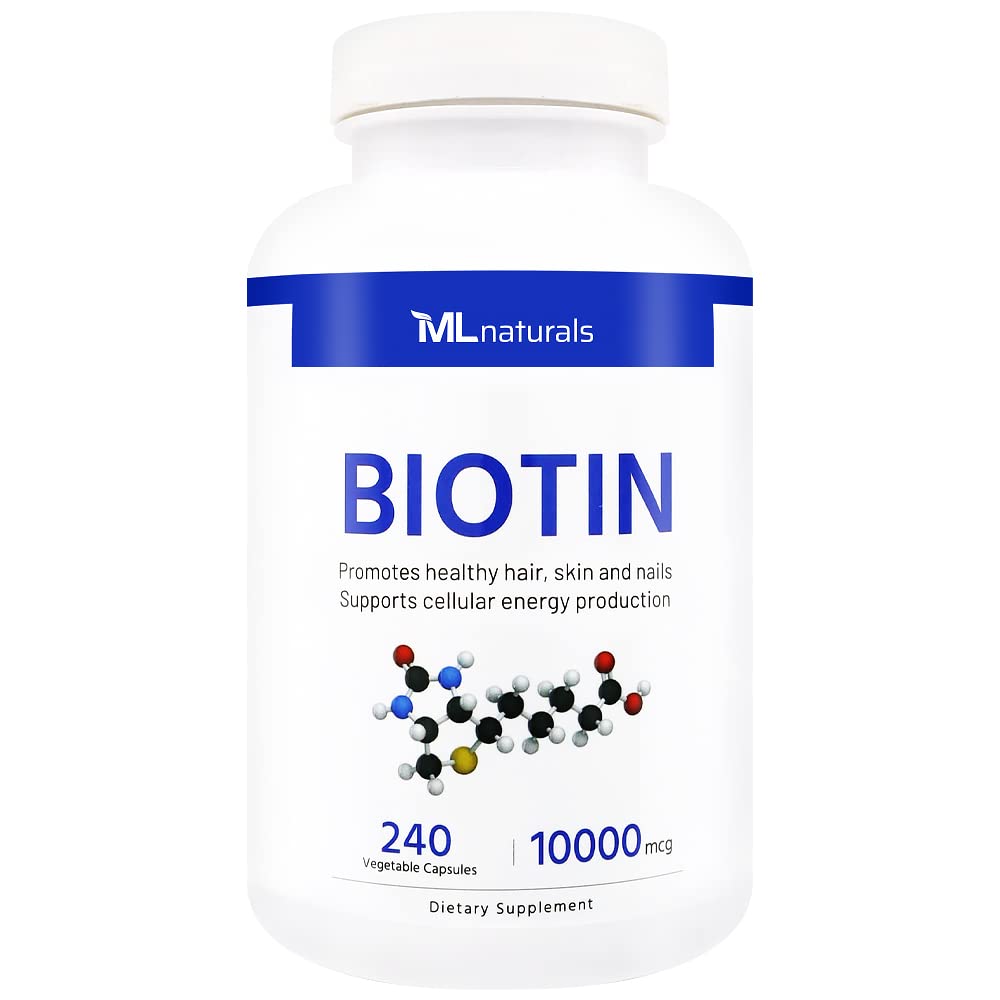 ML Naturals Biotin 10000 mcg 240 야채 캡슐. 건강한 모발, 피부, 손톱 및 에너지 생산, NSF 인증 및 cGMP 준수