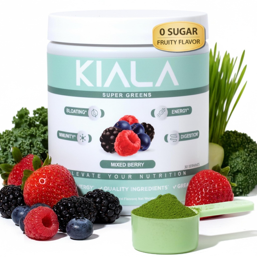 Kiala Nutrition Super Greens, Digestion, Gut Health, Immunity, Energy, Gluten Free, Vegan, Sugar Free, 혼합 Berry, Spectra Blend, 30 서빙을위한 Spirulina & Chlorella와 유기 녹색 분말