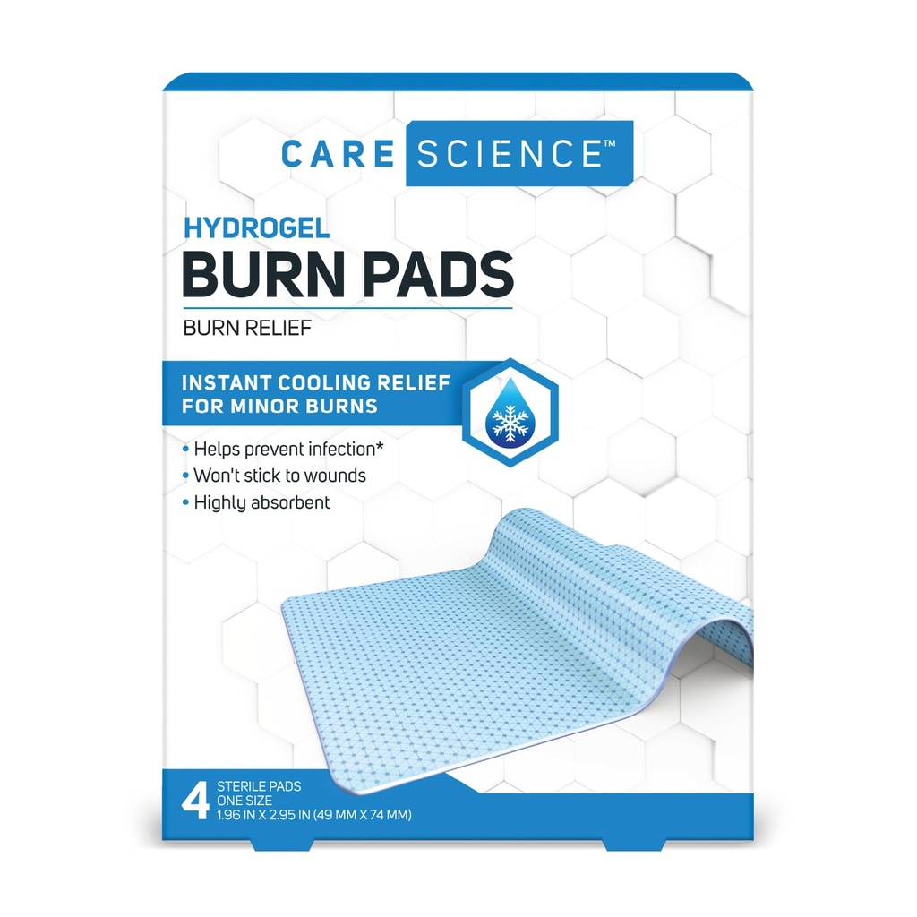 Care Science Hydrogel Sterile Burn Dressing Bandage Pads for Burn Relief, 4 ct | 마이너 버즈 및 윈드에 대한 즉각적인 냉각 구호