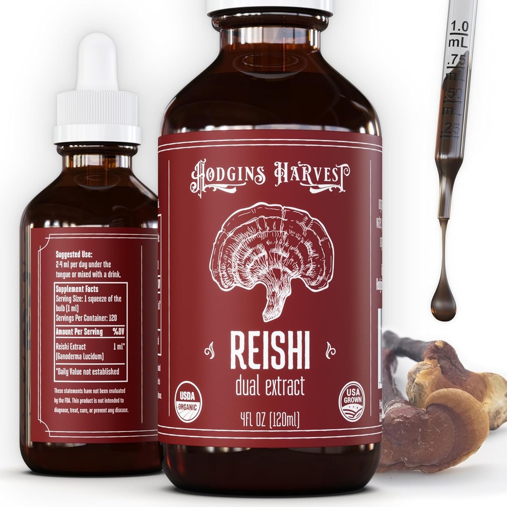 Hodgins Harvest Organic Reishi 버섯 과일 바디 추출물 Tincture - 추가 농축 이중 추출물 보충 - 심장 건강 및 웰빙 지원 - USDA 유기농 버섯 - 4 oz