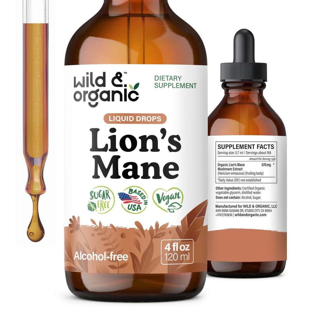 Wild & Organic Lions Mane Liquid Drops - 두뇌 및 초점 지원 - 사자 Mane 버섯 보충 - Hericium Erinaceus Mushroom Drops - Vegan, Sugar & Alcohol-Free Extract Tincture - 4 fl oz