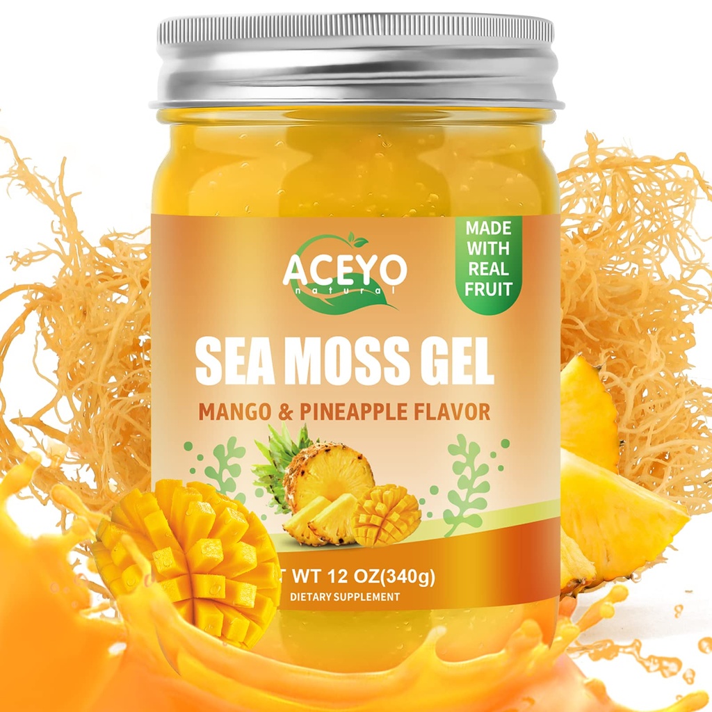 ACEYO (12 OZ) 아일랜드어 Sea Moss Gel Raw Vegan Mango Pineapple 맛 102 비타민과 미네랄 야생 Harvested Non-GMO Immune Defense Booster Thyroid 소화 지원