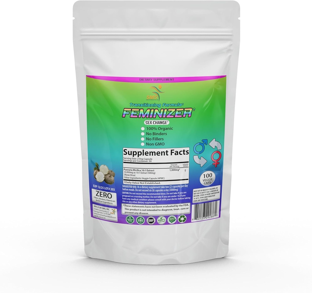 Feminizer 성 변화 알약 SMS에 의하여, 100 Veggie 모자 Pueraria Mirifica 에스트로겐을 위한 1000mg 순수한 10:1 뿌리 추출물 분말 - Kwao Krua Kao - 우수한 급료, 여자를 위한 유기, Transgender, 레이디 소년, LGBT