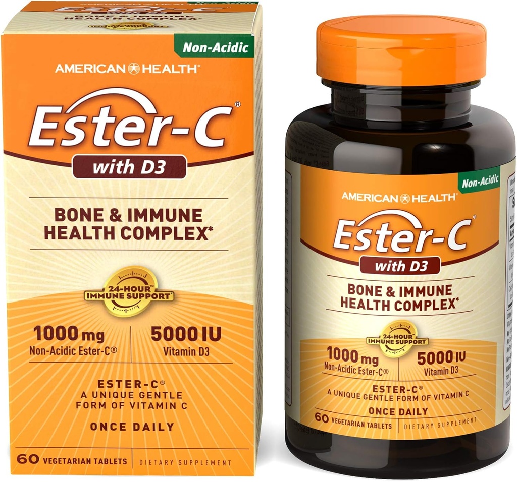 D3 Bone Immune Complex 채식 정제 24Hour 면역 지원 1000 mg EsterC 5000 IU 비타민 D3 NonAcidic 비타민 C 서빙, 60 개
