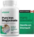 Vitasave Iron Bisglycinate – 에너지, 빈혈 및 면역 지원을 위한 높은 흡수 철 보충교재 – Stomach에 Gentle – Vegan, Non-GMO, 글루텐 자유로운 – 120의 캡슐 (캐나다에서 만드는)
