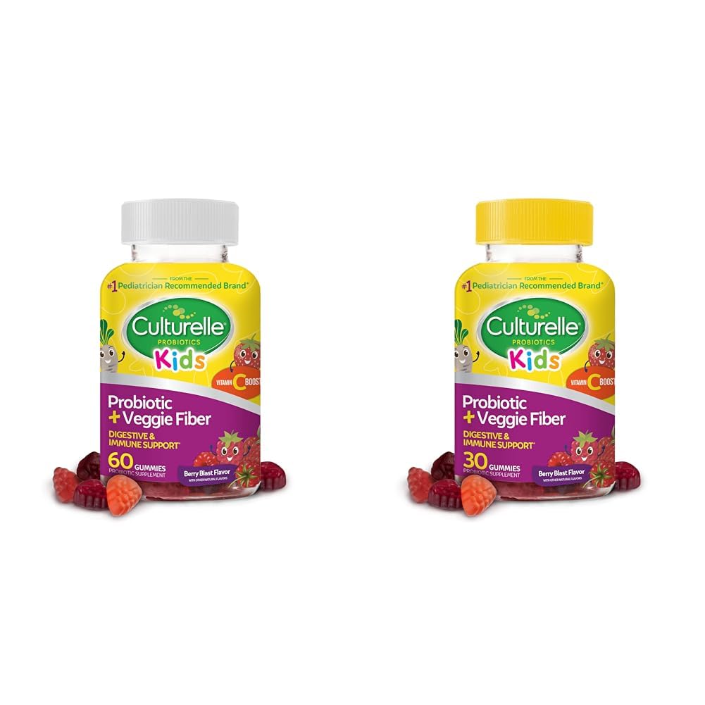 Culturelle Kids Daily Probiotic + Veggie Fiber Gummies (60 & 30 카운트) - 베리 맛, 소화 및 면역 건강 지원