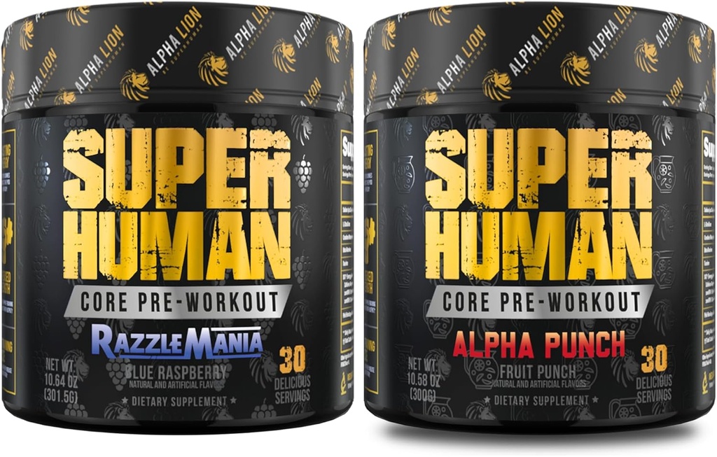 ALPHA LION Core Pre Workout Powder Bundle for Pump & Tri-Source Caffeine for Sustained Energy, 과일 펀치 및 블루 라즈베리 맛 (30 서빙 각각)