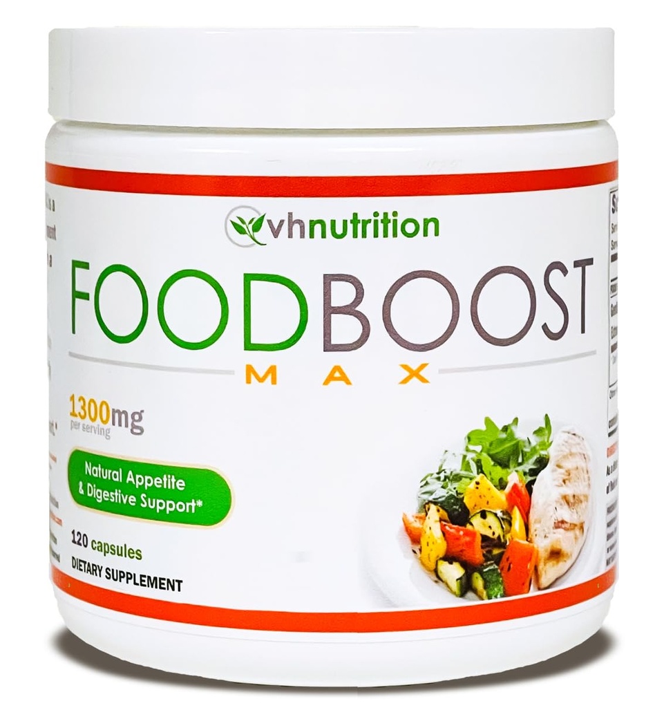 VH Nutrition | FoodBoost MAX | 1300mg Appetite Stimulant * 체중 증가 알약 * 남성 및 여성용 | Gentian, Turmuric, Fennel | 120 캡슐