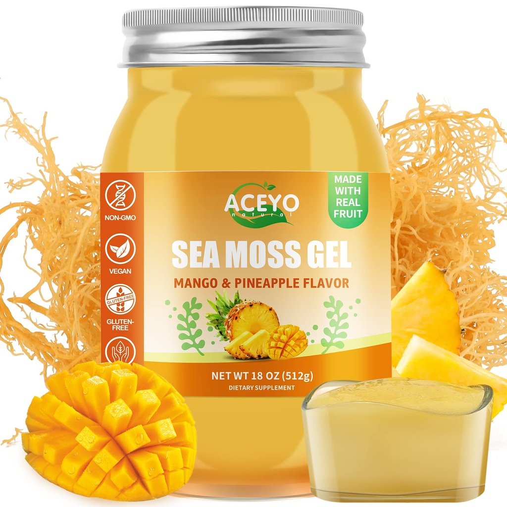 ACEYO (18 OZ) 아일랜드어 Sea Moss Gel Raw Vegan Mango Pineapple 맛 102 비타민과 미네랄 야생 수확 비 GMO