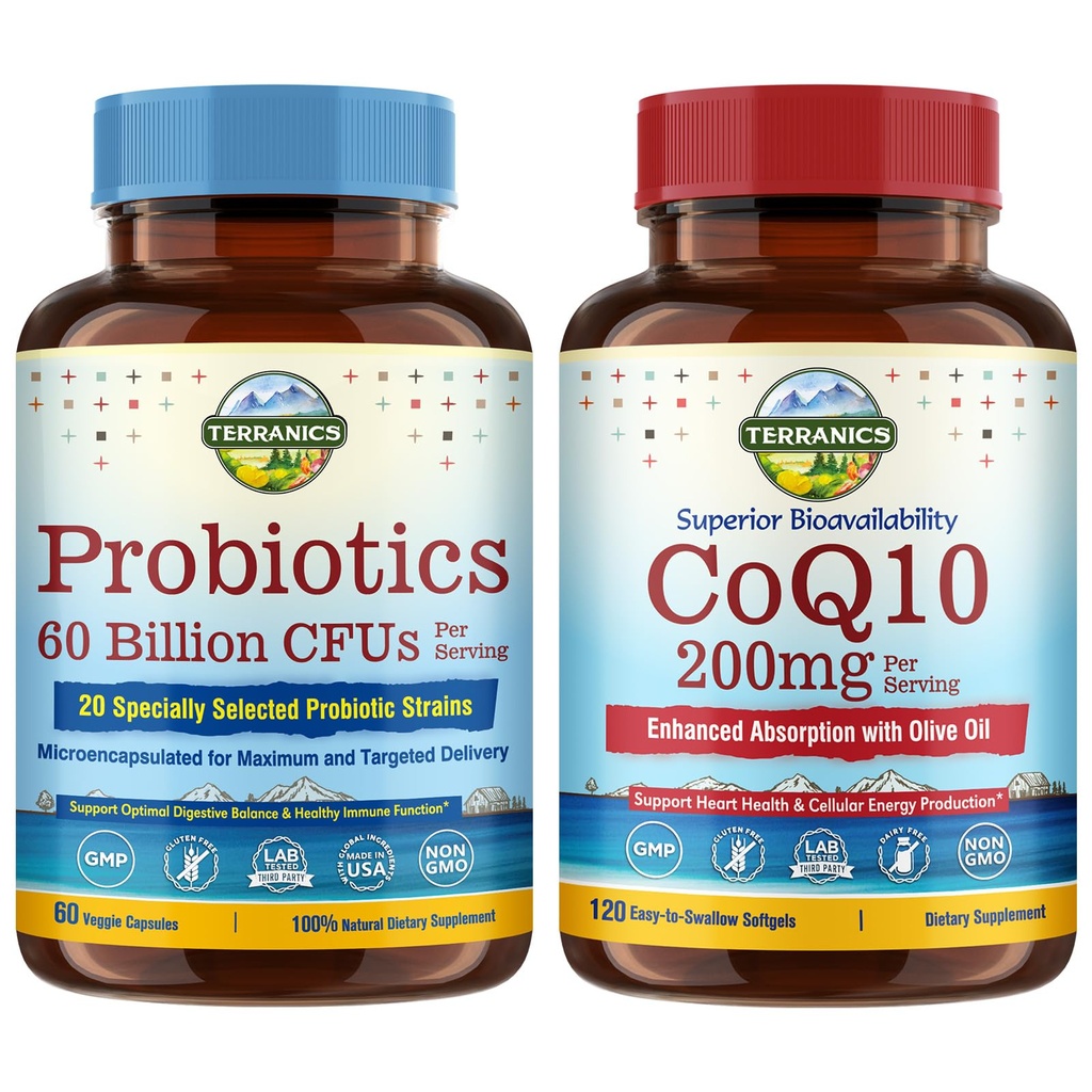 Terranics Probiotics & CoQ10 번들, 심장 & 소화 건강, 60 억 Probiotics, Bioactive Coenzyme Q10 200mg, 엑스트라 버진 올리브 오일, 번들 & 저장