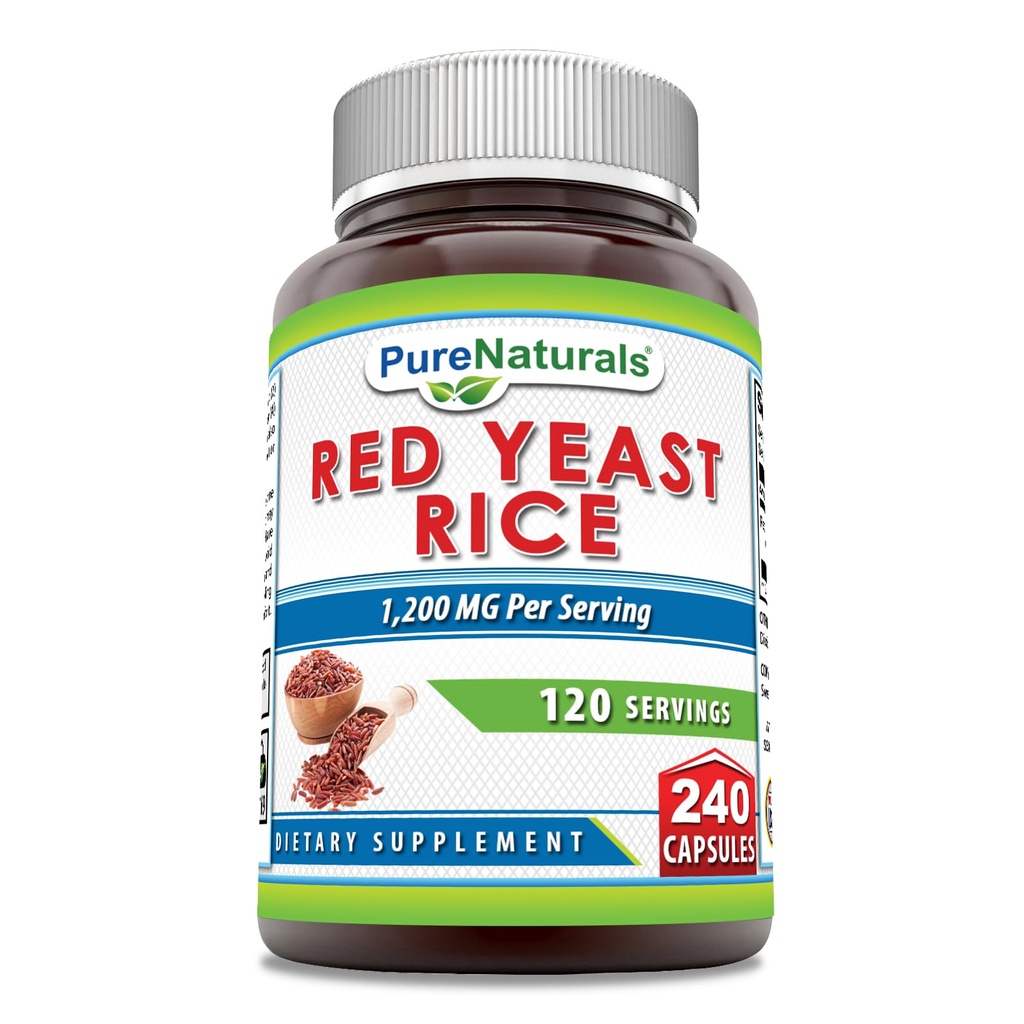 순수한 자연 빨간 효모 쌀 1200 Mg 서빙, 240 캡슐 보충 | Non-GMO | 글루텐 무료 | 미국에서 제작
