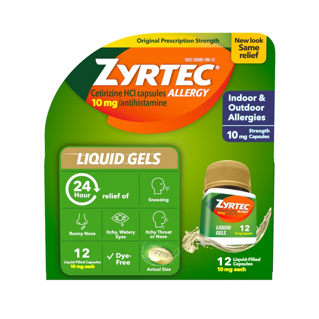 Zyrtec 24 시간 알레르기 완화 액체 젤, Cetirizine HCl Allergy 약을 가진 항히스타민 캡슐 Runny Nose, Sneezing, Itchy Eyes & More, 12 조사