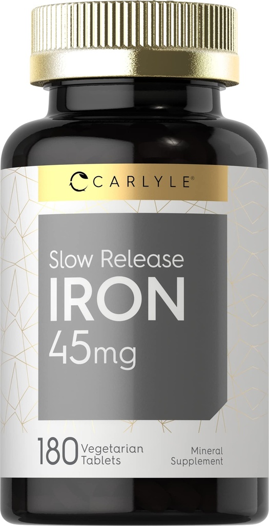 Carlyle Slow Release Iron 45 mg | 180 정제 | 철 황산 미네랄 보충 | 남성 및 여성용 | 채식주의, 비 GMO, 글루텐 프리 포뮬러