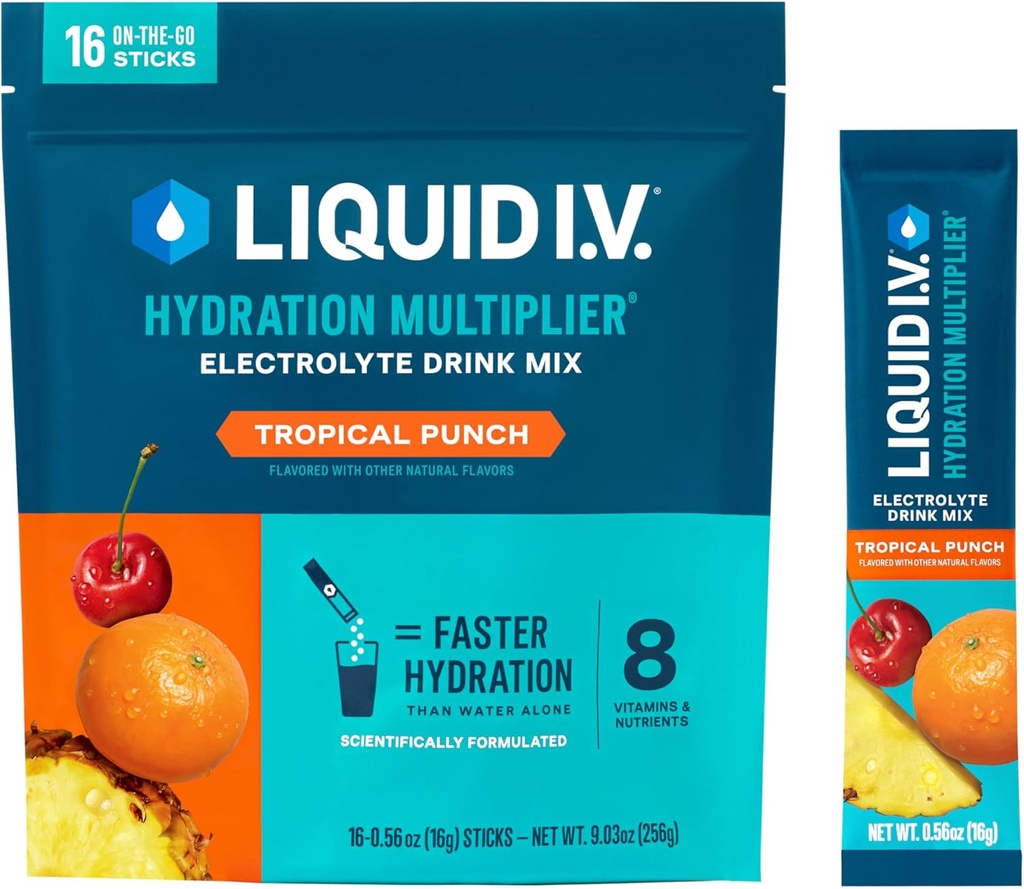 액체 I.V.® Hydration Multiplier® - Tropical Punch - Hydration Powder Packets | Electrolyte Powder Drink Mix | 편리한 Single-Serving Stick | Non-GMO | 16 서빙 (12장)