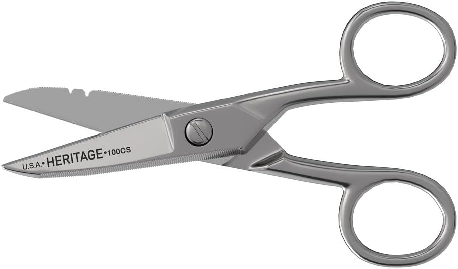 Klein 공구 100CS 다목적 정밀도 가위, 미국에서 만드는, 5.25 인치 니켈 도금된 Snips, Blunt 끝 및 철사 벗기는 노치, 전문가를 위한 다 목적 및 가정 사용법