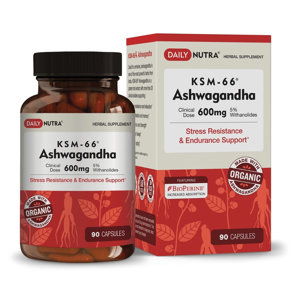 DailyNutra KSM-66 Ashwagandha 600mg 유기 뿌리 추출물 - 5% Withanolides를 가진 높은 힘 보충교재 | Relieves Tiredness, 지원 Relaxation, 초점, 에너지, & 근육 성장 (90의 캡슐)
