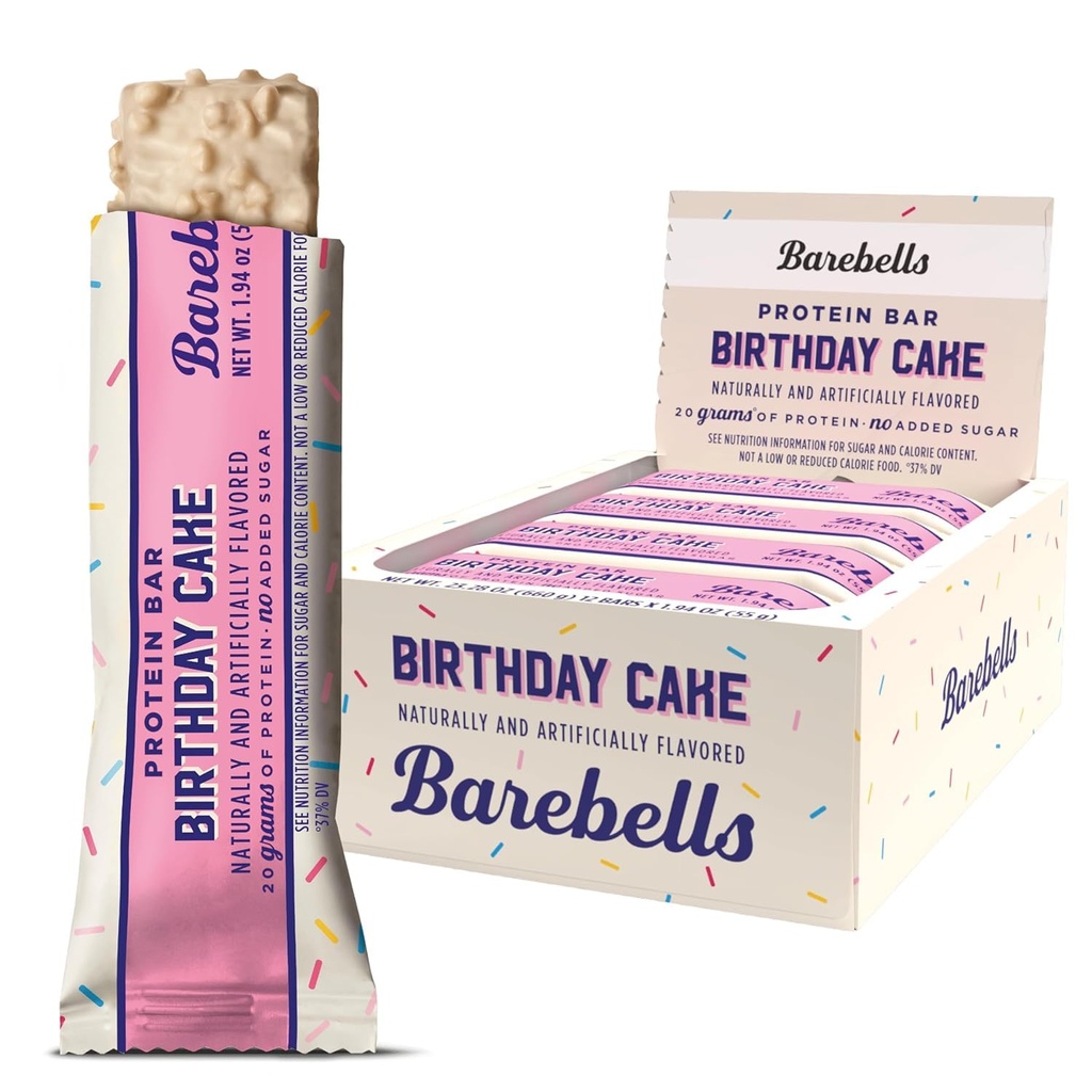 Barebells Protein Bars 생일 케이크 - 12 개, 20g 고단백 치료 - 1g 총 설탕이있는 초콜릿 영양 바 - 온 - 고 아침 식사 또는 포스트 운동 식사