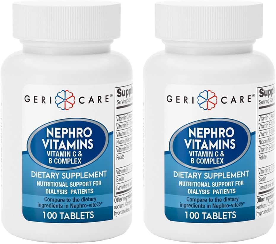 GeriCare Nephro Vitamin C & B Complex Tablets, 100 Count - 매일 Kidney Health & Energy Support, Immune System Boost, 산화 방지제 보호 및 대사 지원 (팩 2)