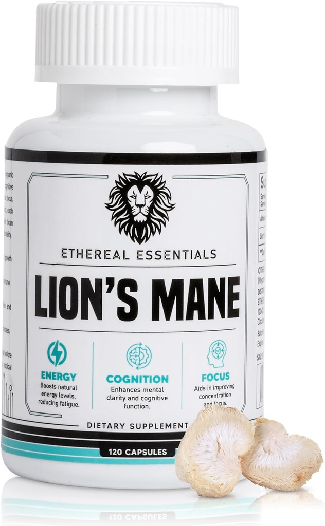 Lions Mane Mushroom Cognition 캡슐 (120 카운트) - 버섯 분말 사자 Mane 추출물 - 뇌 비타민 - Cognition - 초점 보충