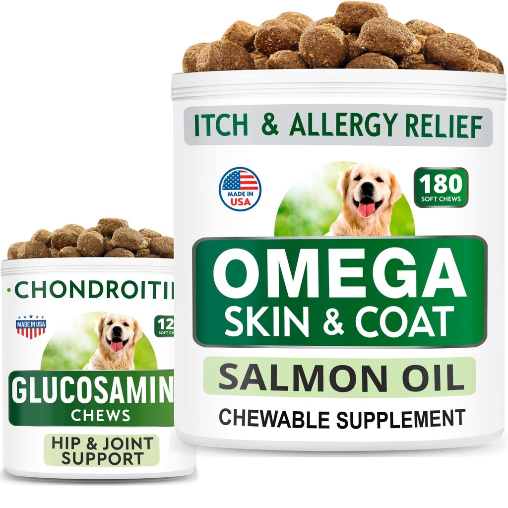 BARK&SPARK Glucosamine 개는 개 뭉치를 위한 + Omega 3를 대우합니다 - Hip 지원과 합동 진통 보충교재 + Shedding, 피부 알레르기, Itch 기복, 피부 및 외투 보충교재를 위한 물고기 기름 Chews