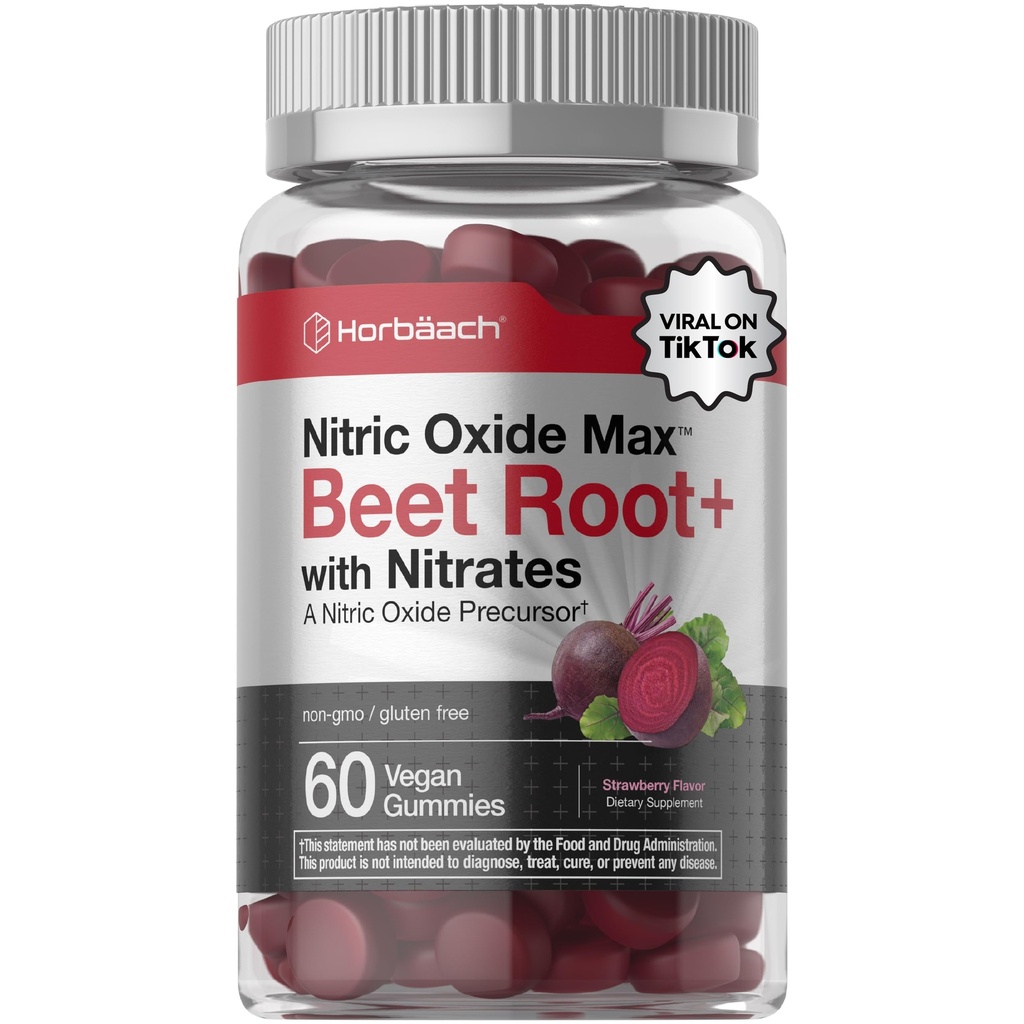 Horbäach Nitric Oxide Beet Root Gummies | 60 개 | 질산염 | 딸기 풍미 | Vegan, Non-GMO, 글루텐 무료 보충