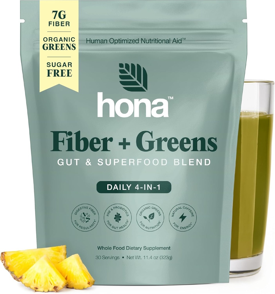 Gut & Superfood Blend, Prebiotics, Probiotics, Fiber & Natural Caffeine, Gluten Free, Sugar Free, Dairy Free, Vegan Non GMO Greens Superfood Powder, 30 Srvgs와 녹색 분말