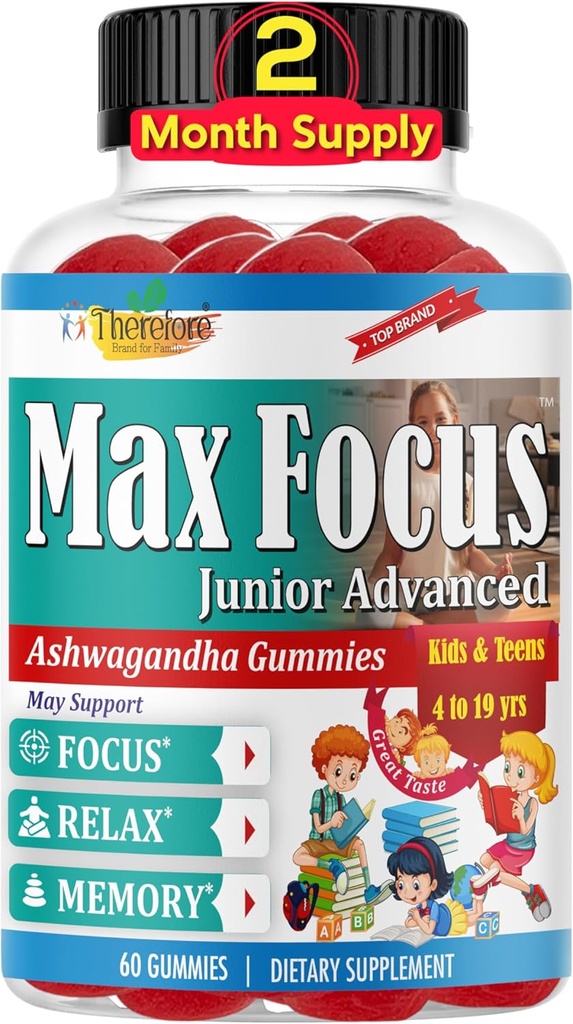 Max Focus Junior – Kids Focus & Calm Gummies | 아이를 위한 Calming & Attention Support Supplement & Ashwagandha | 뇌 비타민 | Vegan, Non-GMO, 60 구미