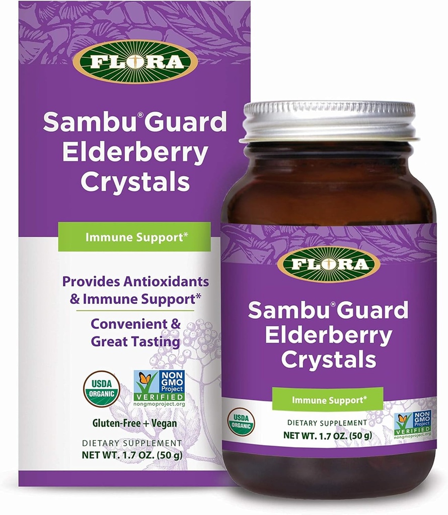 Flora - SambuGuard Elderberry Crystals는 Antioxidants & Immune Support, Strengthen Immunity, Detox Body, Boost Energy, 1.7-oz를 제공합니다. 분말 분말