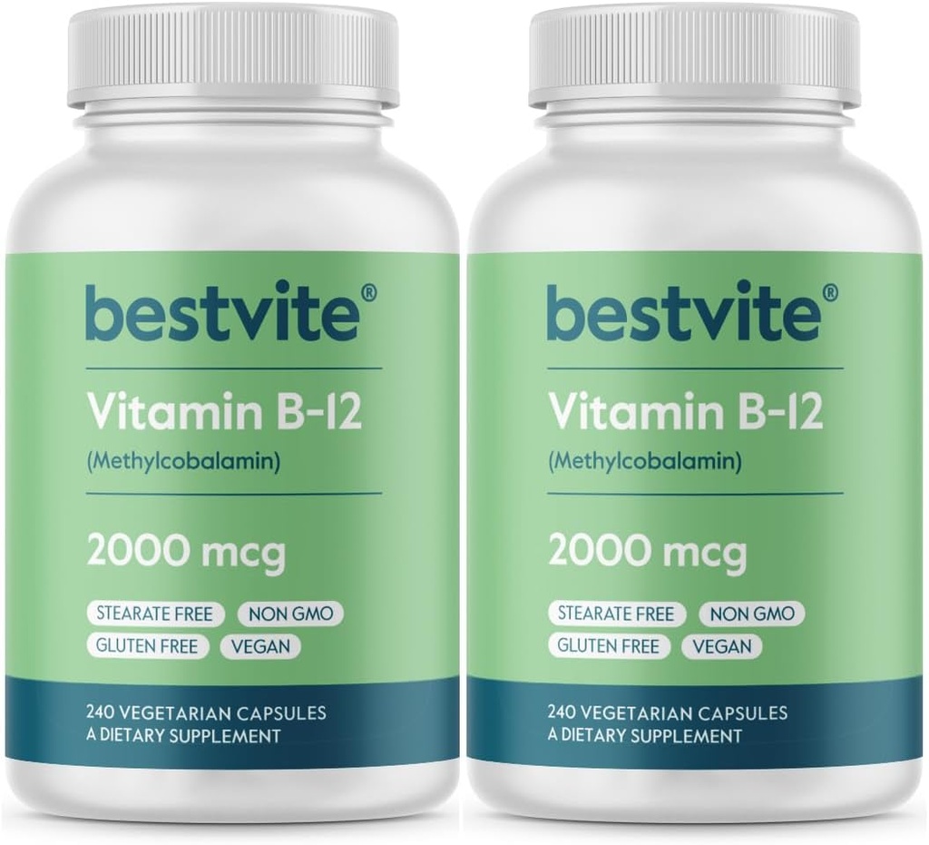BESTVITE 비타민 B12 (Methylcobalamin) 2000mcg (480 채식 캡슐) (2 x 240) (Methyl B12) - Stearates 없음 - Vegan - Non GMO - 글루텐 무료