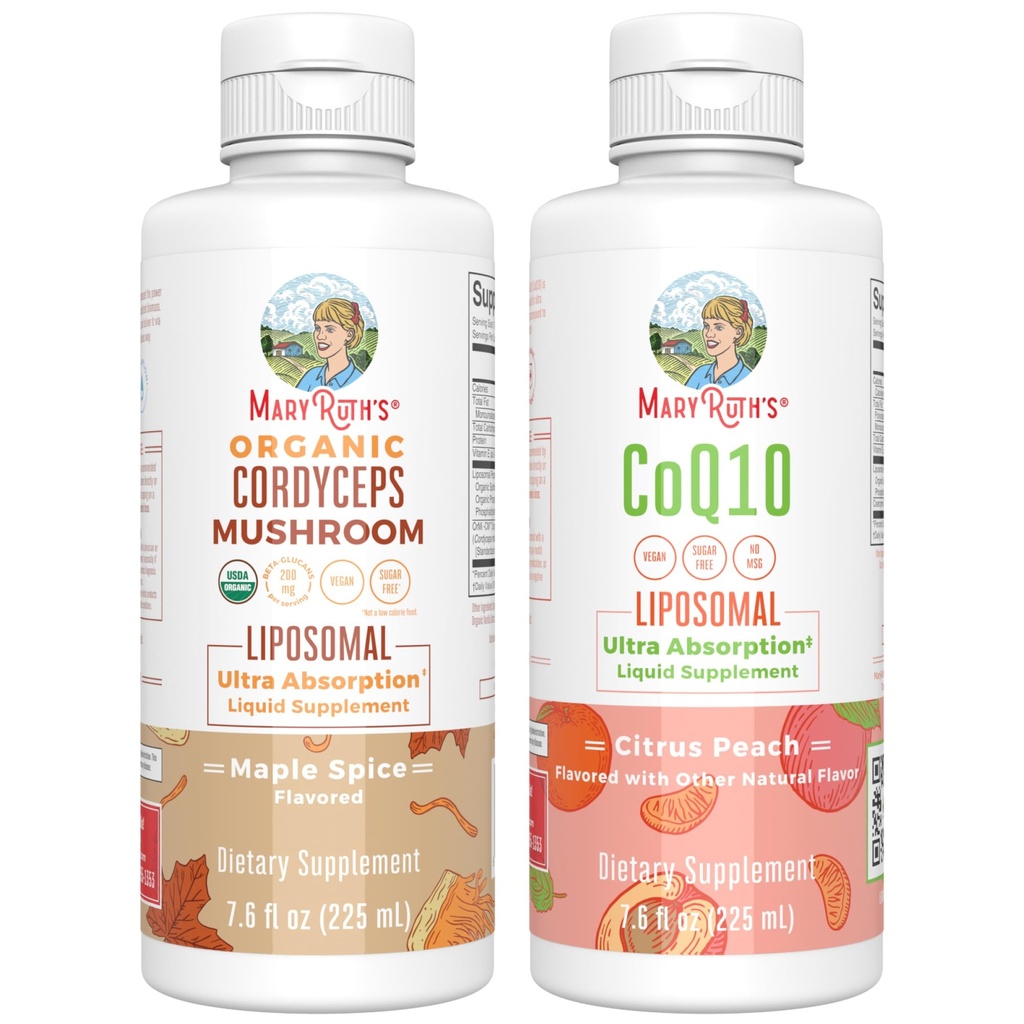 MaryRuth Organics Cordyceps Liposomal (Maple Spice) & CoQ10 (Citrus Peach) | Clean Label Project Verified® | 면역, 심장 건강 및 전반적인 웰빙 비타민 | Vegan, Non-GMO, 글루텐 프리