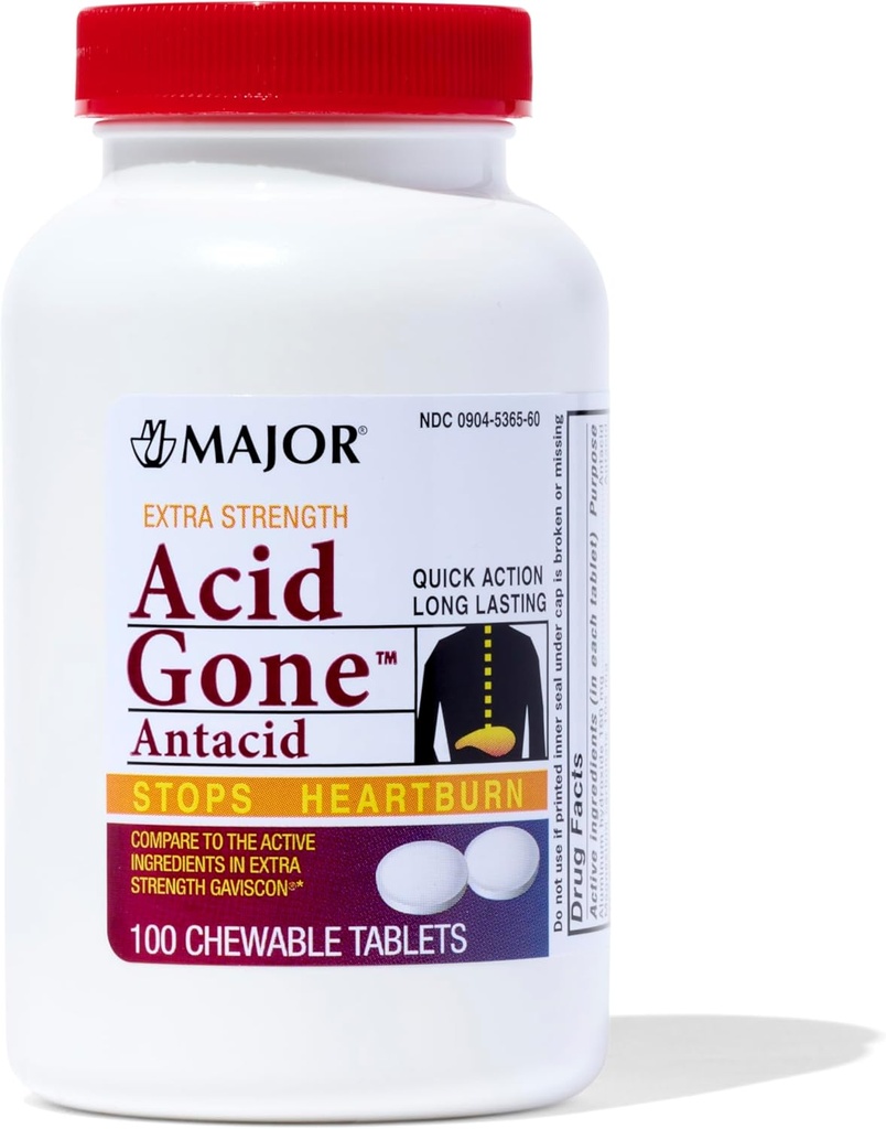 MAJOR Acid Gone Extra Strength Antacid Chewable Tablets - Anti-Acid Relief - 성인을위한 산성 Reflux Medicine - Stomach, 산성 Indigestion 및 Heartburn Relief - 오래 지속 - 100 카운트