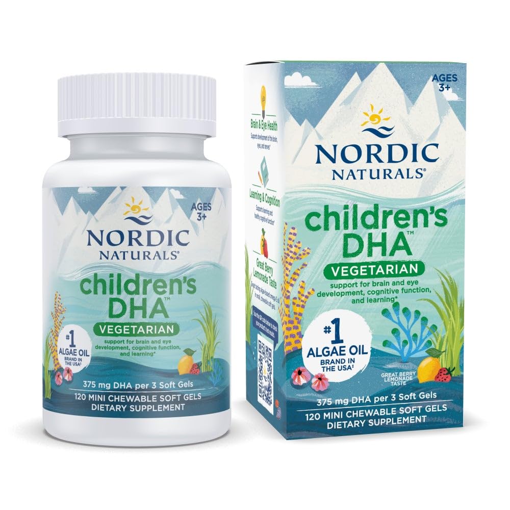 Nordic Naturals Children's DHA Vegetarian - Kids DHA Omega-3 보충 - 조류 오일 - Berry Lemonade Mini Chewables - 나이를위한 식물 기반 공식 3+ - 120 Soft Gels - 40 서빙