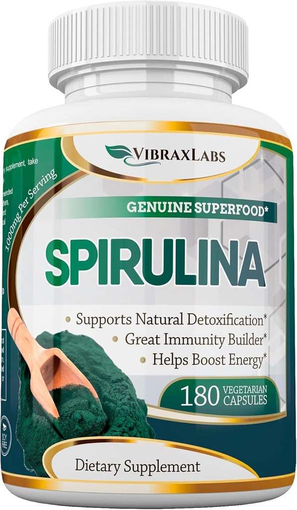 vibraxlabs Spirulina 캡슐 – 100% 순수한 1000mg 서빙 (500mg Veggie 캡슐) 분말 보충교재, 지원 자연적인 해독, 세포 수준에 이익 건강, Chlorella에 베스트
