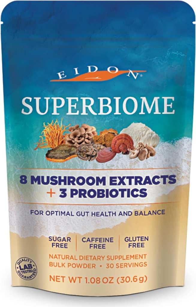 Eidon SuperBiome, 버섯 Probiotics 파우더 혼합, Gut Balance, 유기 Reishi, Chaga, Lion's Mane, Cordyceps, 터키 꼬리, Shitake, Maitake, Phelinus, 30 서빙