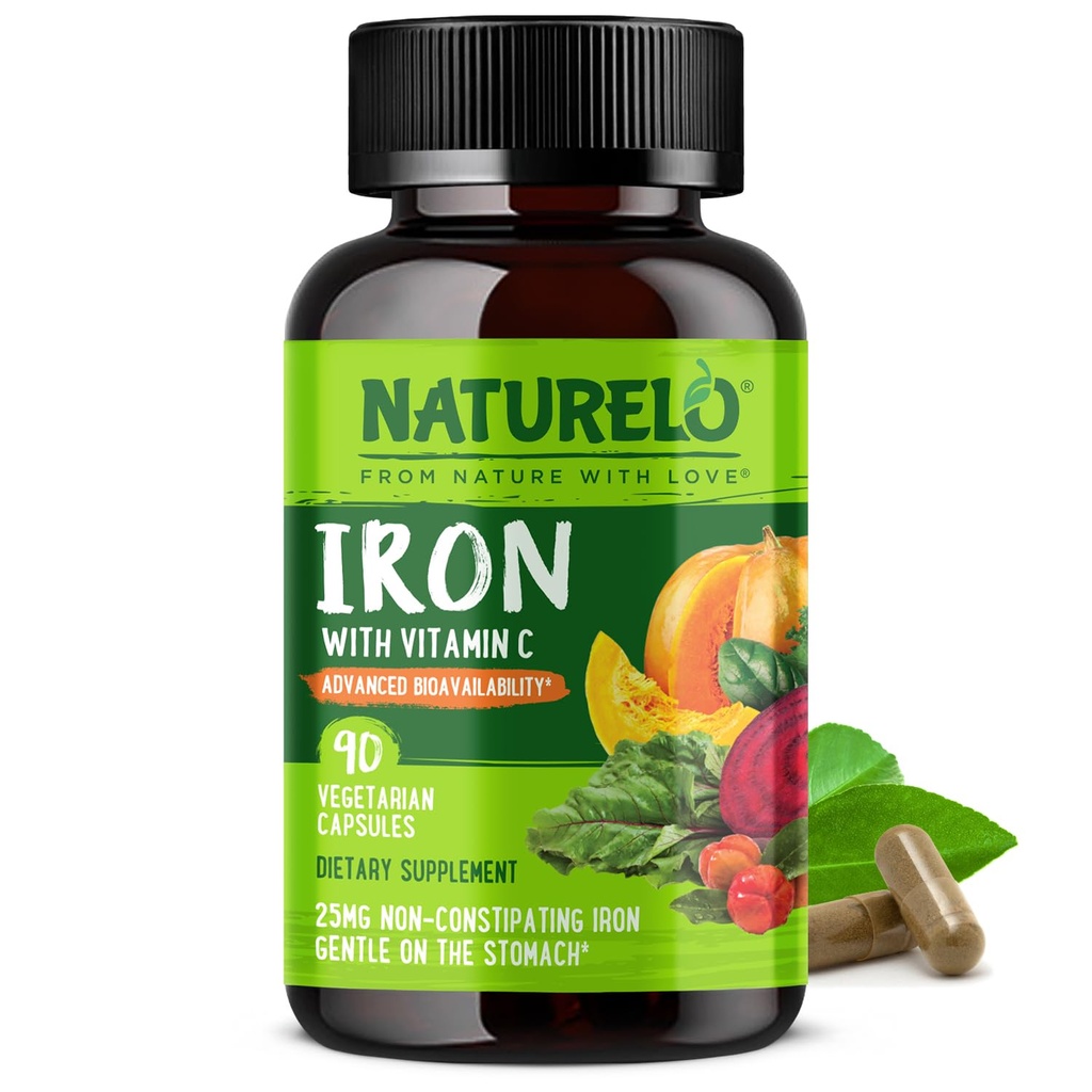 NATURELO Vegan Iron Supplement with Vitamin C and Organic Whole Foods - 임신, 빈혈 및 채식이 포함 된 철 결핍이있는 여성 및 남성을위한 Gentle Iron 알약 - 90 미니 캡슐