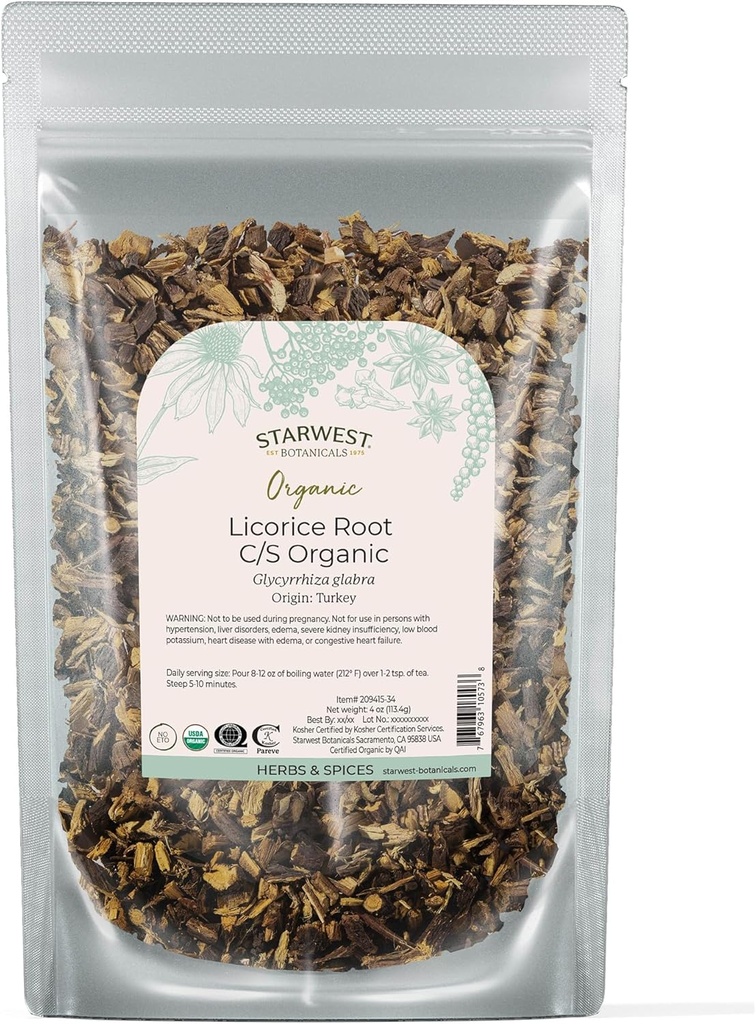 Starwest Botanicals Organic Dried Licorice Root - Loose Leaf Tea Blends, Candy, & Baked Goods, Cut & Sifted, 공인 Kosher, Non-GMO - 4온스 파우치