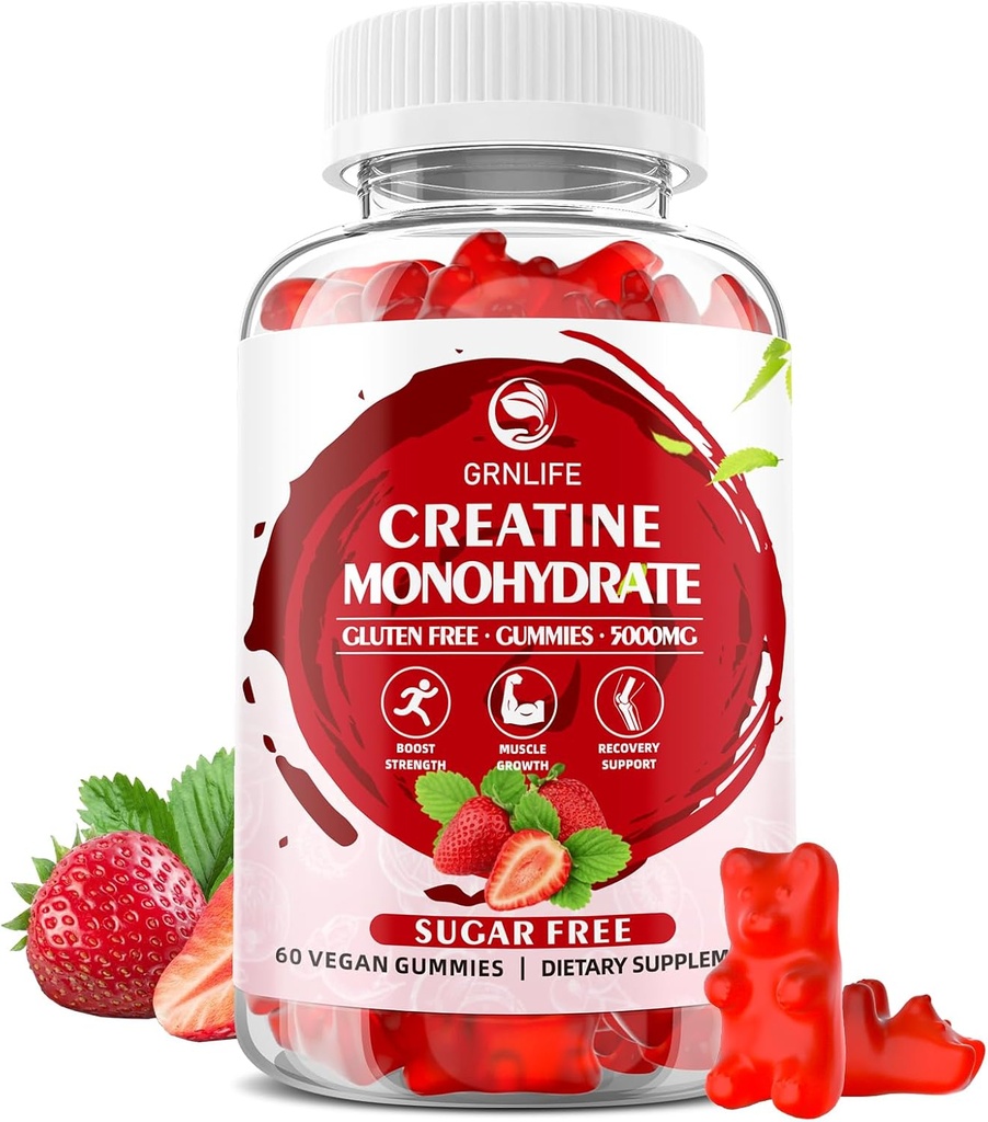 Creatine Monohydrate 남자 & 여자를 위한 Gummies, 근육 힘을 위한 Chewable Creatine Monohydrate, 근육 건축업자, 에너지 부스트, 설탕 자유로운, Vegan, 딸기 풍미-60 조사
