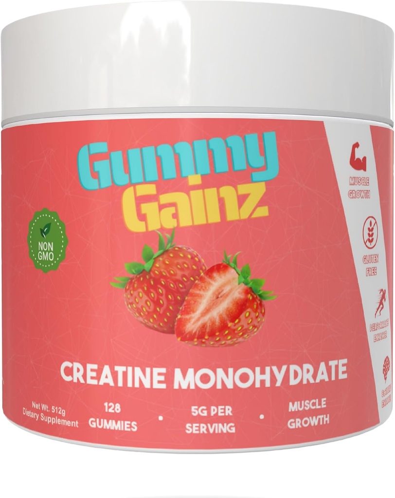 Creatine Monohydrate Gummies 근육 힘 건축업자 이익 더 빠른 회복 남자 & 여자를 위한 5000mg 에너지 전 운동 Chewables 보충교재 128ct (Regular, Strawberry)