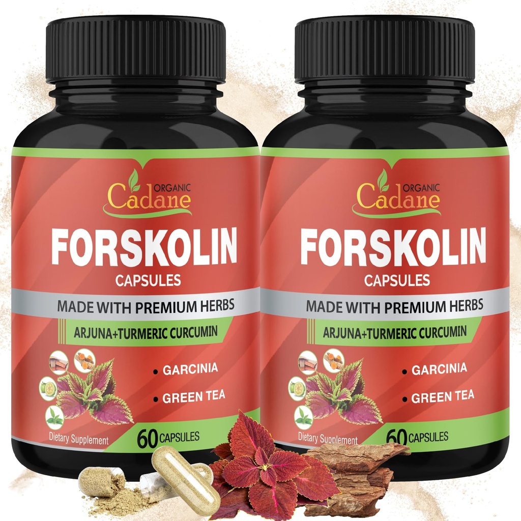 Cadane 2 팩 Forskolin 보충 교재 캡슐 & 심황, Arjuna, Garcinia Cambogia, 녹차 - 최대 힘 Coleus Forskohlii 추출물 - 지원 면역 체계 - 공급 4 달