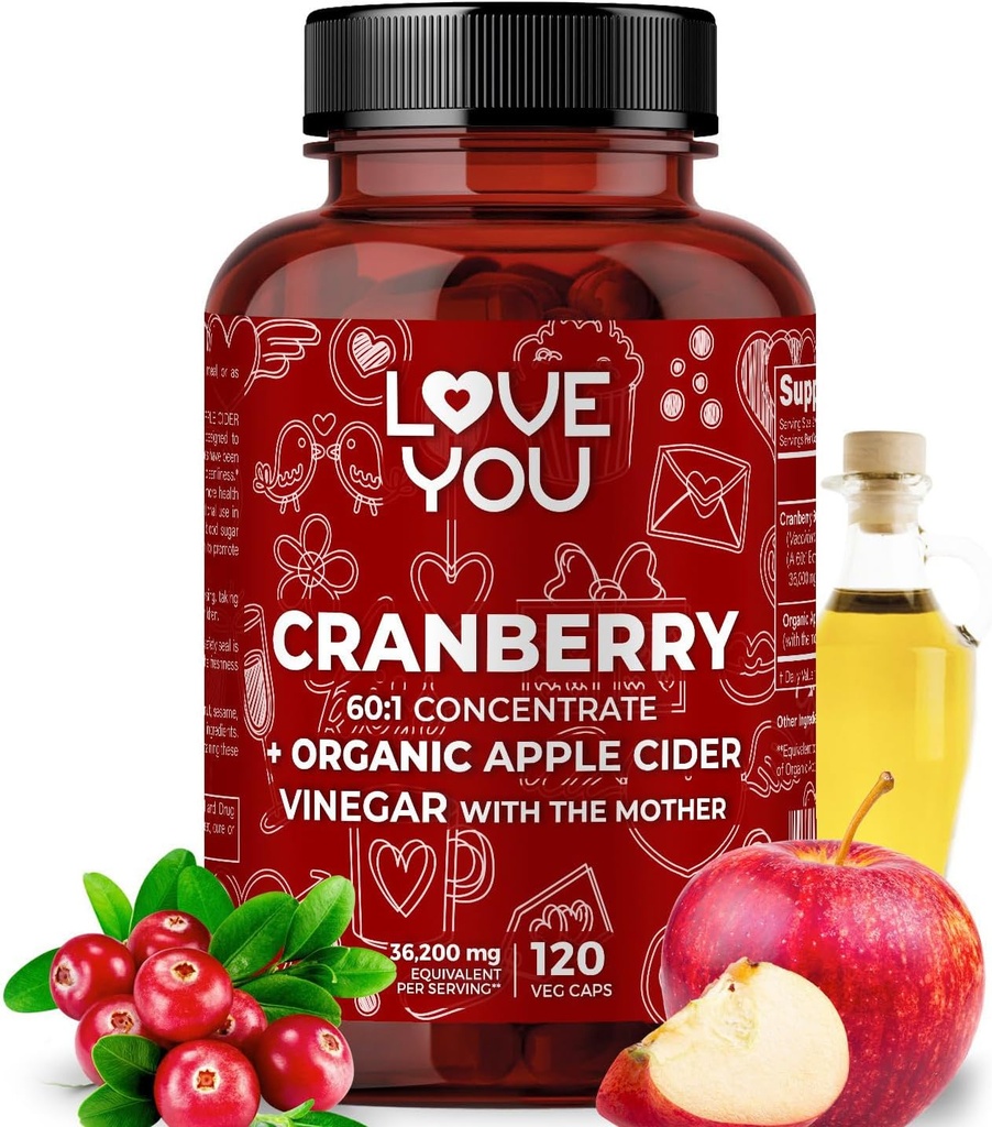 당신을 사랑 Cranberry 60:1 추출물 + 유기 애플 아이더 Vinegar – 최대 힘 36,200 mg 동등 – 120 Vegan 캡슐 – Urinary Tract & 소화 지원