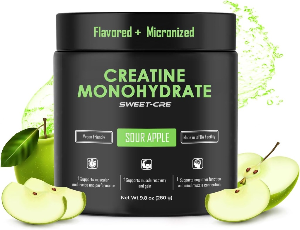 크레아틴 Monohydrate – 5g 크레아틴 Monohydrate 분말 – 여성과 남성을 위한 고급 크레아틴 – 대량 보충 크레아틴 – 맛 있는 과일 펀치 풍미 – 10oz (40 서빙, Sour Apple)