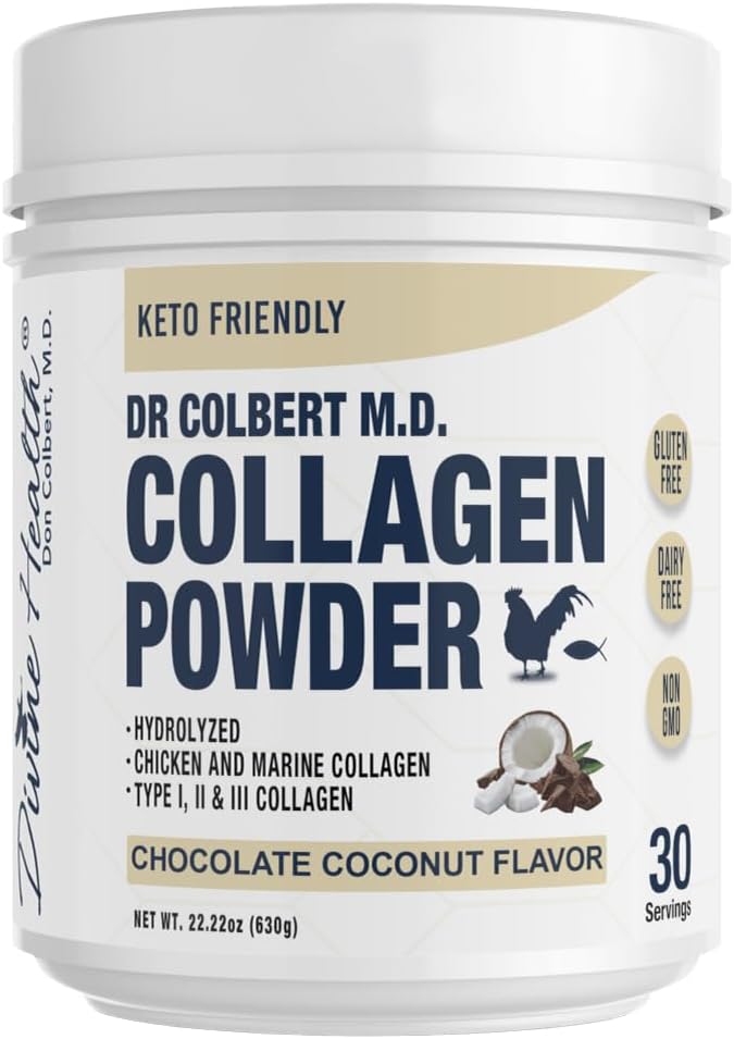 Dr. Colbert, MD Hydrolyzed Collagen Powder | 초콜릿 코코넛 맛 | Divine Health | 유형 I, II, III Collagen | 건강한 머리, 피부, 손톱 및 관절 지원 | Keto Zone | 630g | 30 인