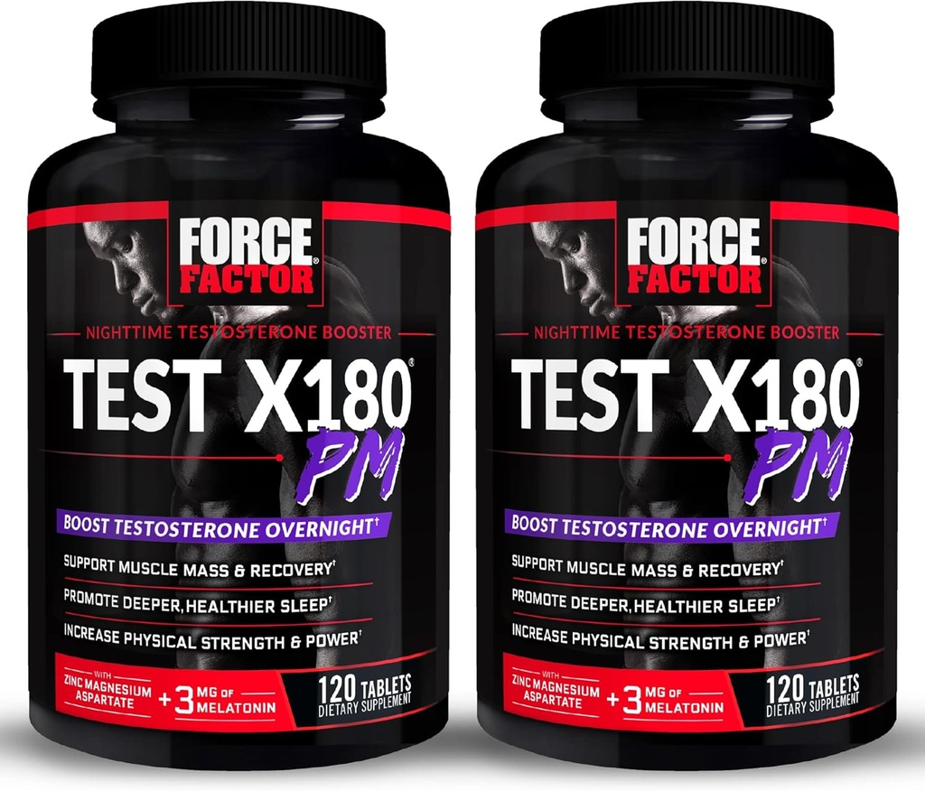 FORCE FACTOR 시험 X180 PM, 2 팩, 남자를 위한 테스토스테론 승압기, 근육, 증가 힘을 건설하는 Overnight 테스토스테론 보충교재, 그리고 더 깊은, 더 건강한 수면 및 회복, 240의 정제