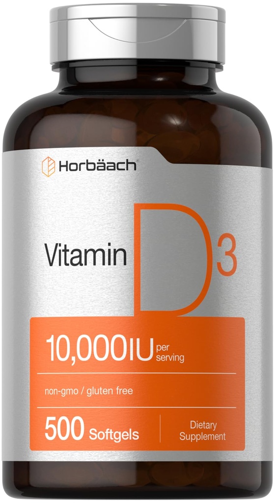 Horbäach Vitamin D3 10000 IU | 500 Softgel | Non-GMO, 글루텐 프리 보충교재 | 가치 크기 | 250mcg | 높은 효능 공식