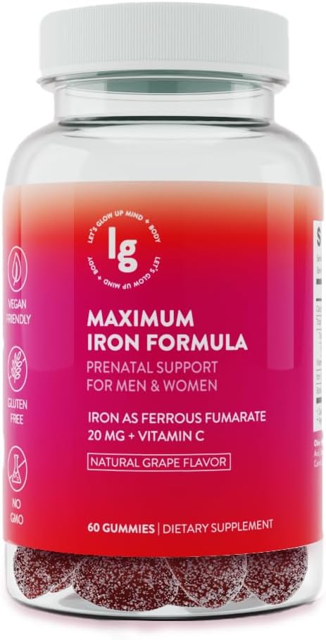철 Gummies - 20 mg 높은 흡수 철 + 비타민 C, B12 & Folate - Vegan, 비 GMO, 글루텐 - 무료 에너지 및 빈혈 지원 - 60 Ct